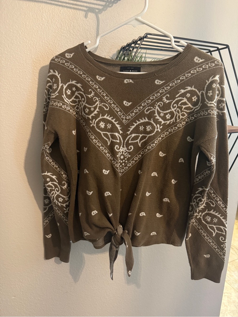 Lucky Brand Olive Green Bandana-Print Tie Front Sweater